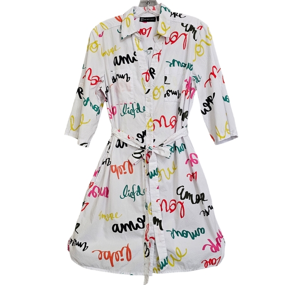 Nwot NY & CO White & Multicolored Script Words 3\4Sleeve Collared Shirt Dress - Picture 15 of 16